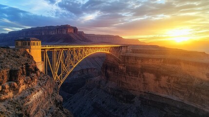 Naklejka premium Glowing Golden Bridge of Strength and Connection over Majestic Canyon at Sunset