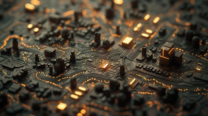 Circuit board texture crafted into a city map
