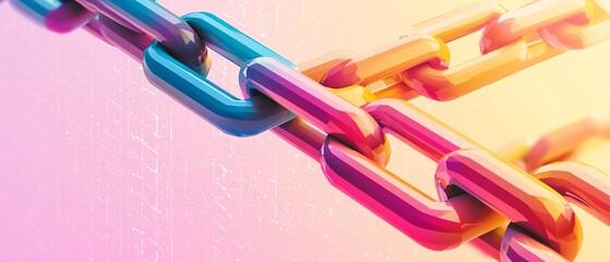 Colorful chain links illustrate strength and connection in a vibrant digital background, symbolizing unity and teamwork.