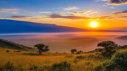 Dawn at the Ngorongoro Crater in Tanzania, Africa, showcasing the serene beauty of the early morning light over this stunning geological formation.
