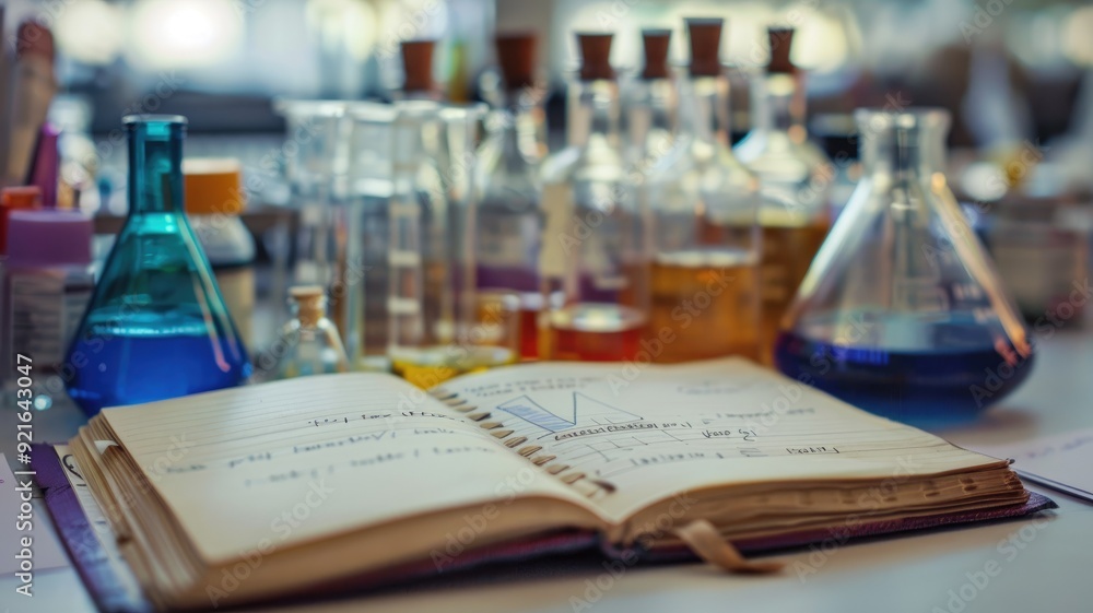 Poster laboratory with various chemical bottles and open notebook on table