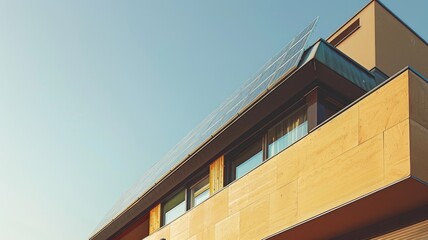 Modern building with solar panels on roof, clear sky