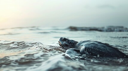 Obraz premium Sea turtle swims in ocean waves under soft sunlight