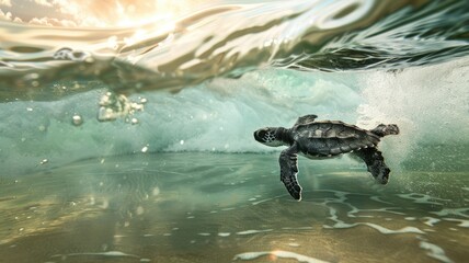 Obraz premium Sea turtle swimming underwater near ocean's surface