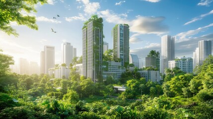 Fototapeta premium Illustration of a green sustainable urban area with eco-friendly buildings and lush greenery