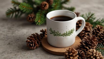 Empty mug mockup with pine cones and greenery, christmas