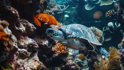 Obraz premium Sea turtle swims amidst colorful corals in vibrant underwater marine ecosystem