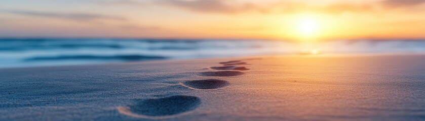 A serene beach scene with footprints leading to a beautiful sunset over gentle waves.