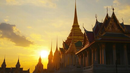 Majestic Palace with Golden Domes at Sunset, Exuding Royal Elegance in a Grand Landscape