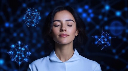 Naklejka premium A serene woman meditating with a digital network background, symbolizing mindfulness and technology connection.