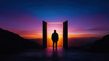 A silhouette of a person standing before an open door against a vibrant sunset, symbolizing opportunity and new beginnings.