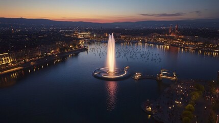 Illuminated Fountain and Cityscape at Twilight
