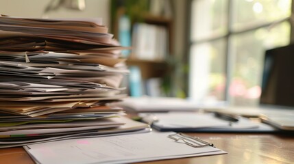 A stack of folders, documents and papers on an office desk.