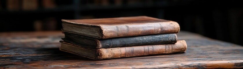 A stack of vintage books resting on a wooden table, showcasing their aged spines and rich textures in a warm, inviting setting.