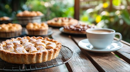 A closeup shot of homemade sweet pie and fresh-baked pastries, placed on wire racks on a rustic wood kitchen table.