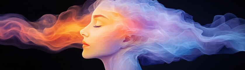 A surreal portrait of a woman with colorful wisps of smoke flowing around her head, symbolizing creativity and imagination.