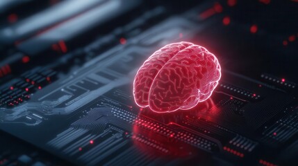 Futuristic digital brain on a circuit board, symbolizing technology, intelligence, and innovation in artificial intelligence.