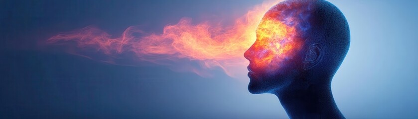 Surreal image of a human head emitting colorful energy, symbolizing creativity and consciousness in a digital art style.
