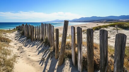 Obraz premium An old wooden fence overlooking Punta Paloma Beach in Tarifa, Spain.