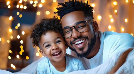 Happy father and daughter smiling under a blanket with warm lights