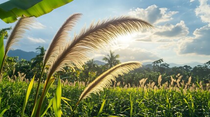 Pennisetum purpureum, commonly known as Napier grass, elephant grass, or Uganda grass, positioned in front of a banana plantation or field. 