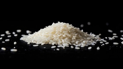 A close-up of rice grains against a black background, showcasing their pristine, white texture.