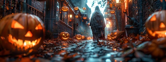 Ghostly figure in a dark alley with jack-o'-lanterns, creating a spooky scene.