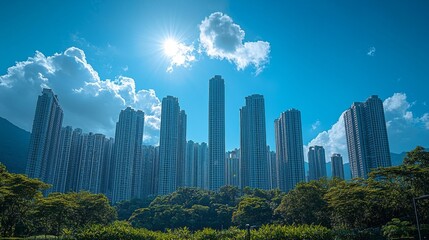 Naklejka premium Modern skyscrapers towering over green trees against a blue sky with fluffy clouds. Urban landscape.