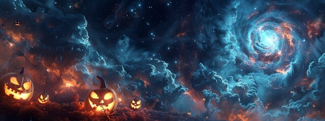 Spooky night sky with glowing jack-o'-lanterns and swirling clouds, creating a haunting atmosphere.