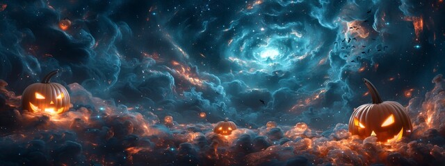 Spooky night sky with glowing jack-o'-lanterns and swirling clouds, creating a haunting atmosphere.