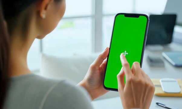 Chroma Green Screen Close-Up of Young Woman Generating QR Code on Smartphone