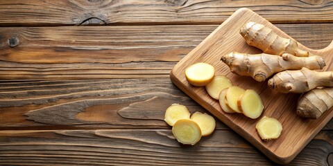 Ginger slices and ginger on a wooden cutting board , ginger, slices, wooden, cutting board, organic, fresh, spice, ingredients