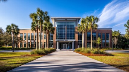 Modern office building exterior with palm trees and landscaping on a sunny day.
