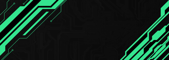 Abstract geometrical cyber tech metaverse digital web 3 horizontal dark banner design template blank with place for text . Geometrical green neon sci fi cyberpunk shapes interface hud hui