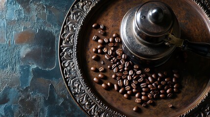 A vintage coffee grinder positioned on a metal antique tray with an intricate pattern, with coffee beans scattered around it.