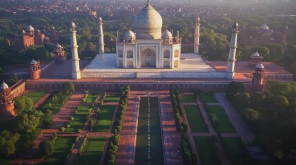 Obraz premium Aerial View of the Taj Mahal with its symmetrical gardens