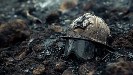 Fototapeta premium Old, dusty miner's helmet and goggles on rocky ground