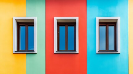 Windows on a colorful building, each framed by vibrant hues that contrast beautifully against one another.