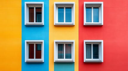 Obraz premium Windows on a colorful building, each framed by vibrant hues that contrast beautifully against one another.
