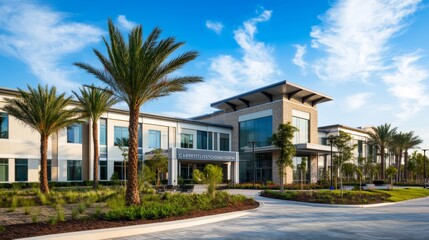Modern and luxurious retirement home or assisted living facility exterior with palm trees.