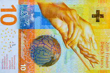 Closeup of the ten francs banknote. Swiss money