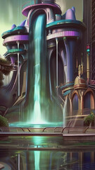 Water fall cyber punk city
