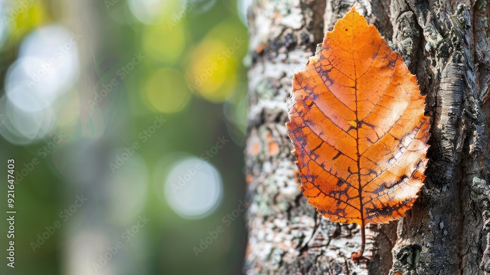 Poster autumn leaf with vivid pattern attached to tree trunk