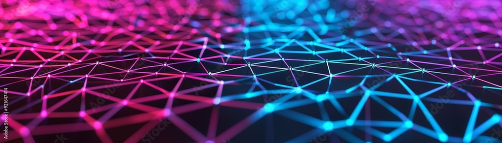 Poster a vivid abstract representation of a network of interconnected nodes in vibrant pink and blue colors