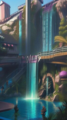 Water fall cyber punk metropolis 