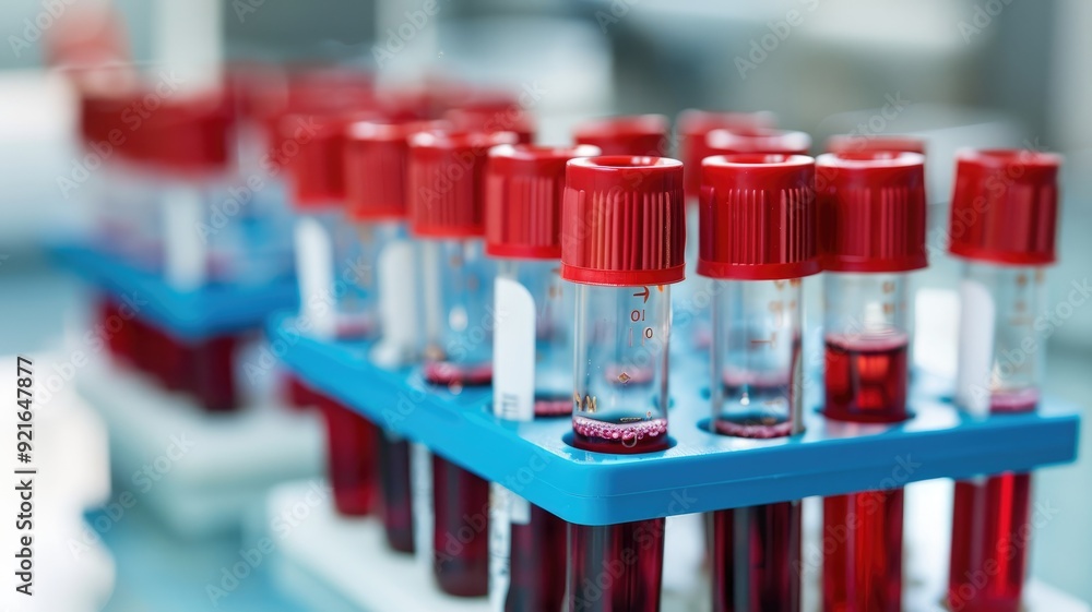 Poster rows of blood samples in test tubes with red caps lab setting
