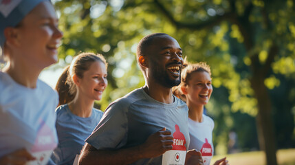 Diverse team of office workers joyfully participating in a charity run, highlighting unity and social responsibility. Diversity, teamwork and unity concepts.