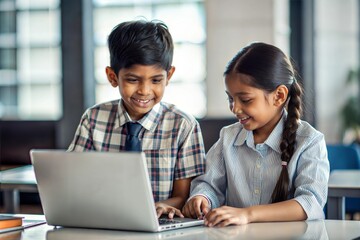 "Indian Boy and Girl Collaborating on School Project" - Two Indian children working together on a school project, demonstrating teamwork.