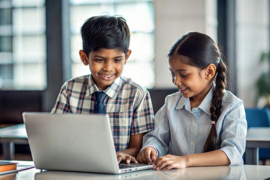 "Indian Boy and Girl Collaborating on School Project" - Two Indian children working together on a school project, demonstrating teamwork.
