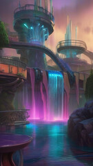 Water fall at cyber punk city